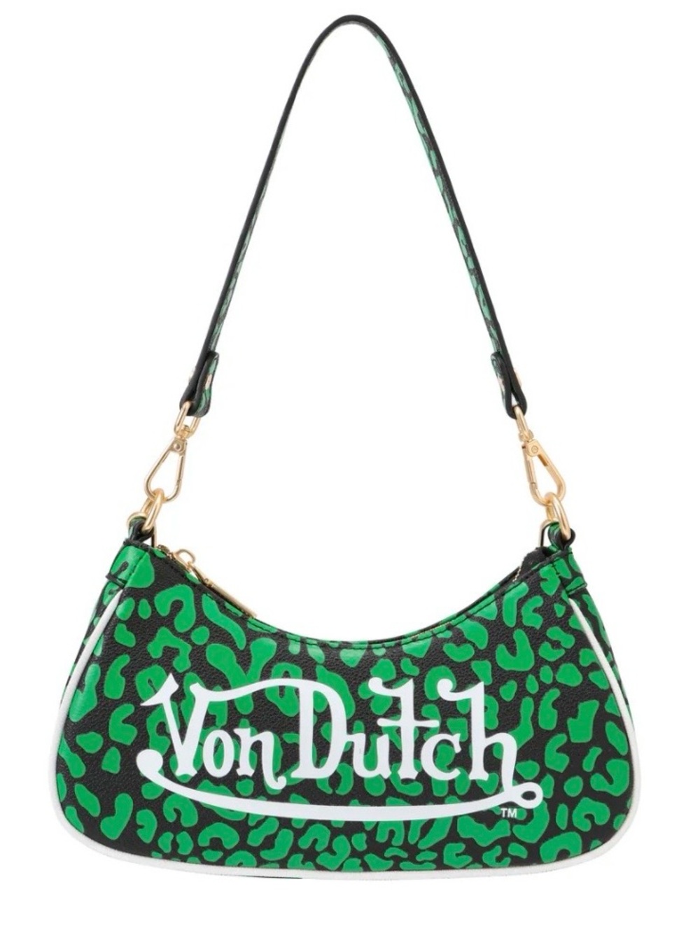 Von Dutch Black and Green Leopard-Print Shoulder Bag with White Logo